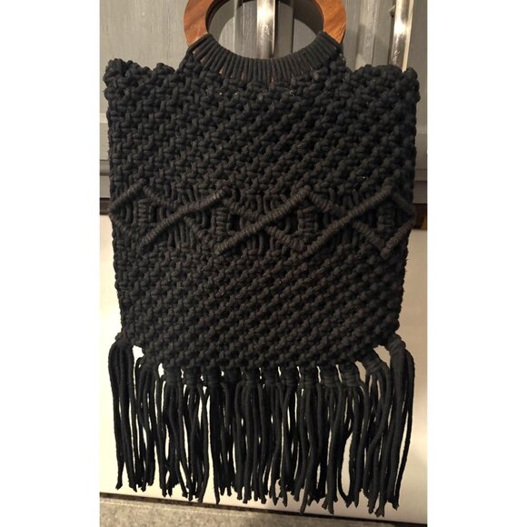 Danielle Nicole Black Macrame Shoulder Bag w/ Wood Handle  # 10.5" x 9" # 3059 - Picture 3 of 8